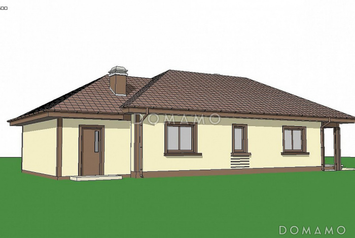 Проект компактного одноэтажного дома из газобетона с двумя спальнями и боковой террасой и пристроенным гаражом