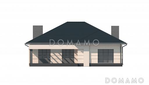 Проект одноэтажного дома с широкой террасой, кухней-столовой, гаражом / Фасад 1