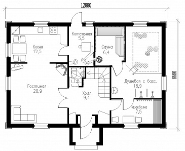 Проект дома для отдыха с баней и бассейном / План 1 этажа