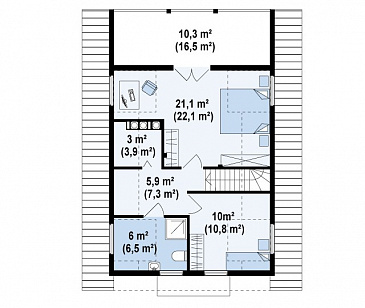 Проект компактного одноэтажного мансардного дома из газобетон с барбекю на крытой террасе / План мансардного этажа