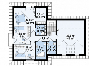 Проект одноэтажного мансардного дома из газобетона с кабинетом, гаражом на два автомобиля и большой мансардной комнатой / План мансардного этажа