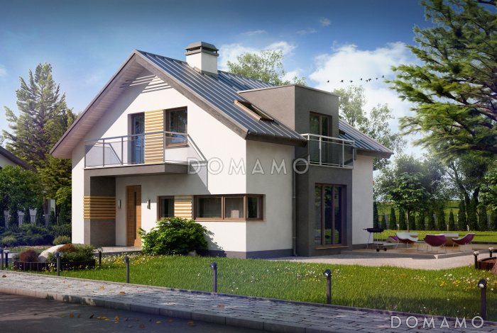 Проект одноэтажного мансардного дома из кирпича с эркером, тремя  балконами и вертикальным мансардным окном