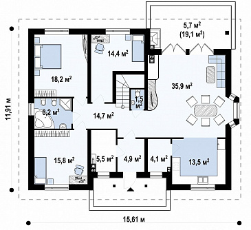 Проект одноэтажного дома из кирпича с мансардой и зоной барбекю на террасе / План 1 этажа