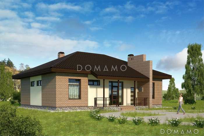 Проект одноэтажного коттеджа с коричневой облицовкой и необычной стеной крыльца