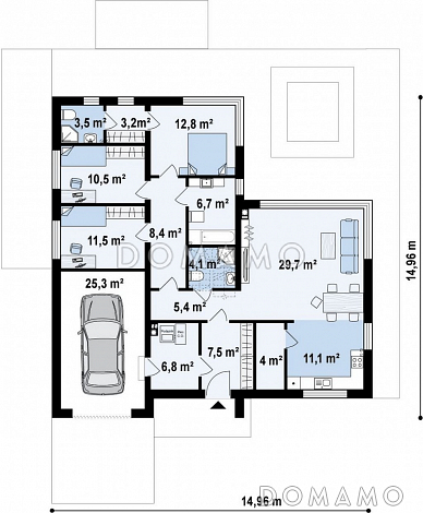 Проект комфортного одноэтажного дома из кирпича с гаражом и панорамным остеклением гостиной / План 1 этажа