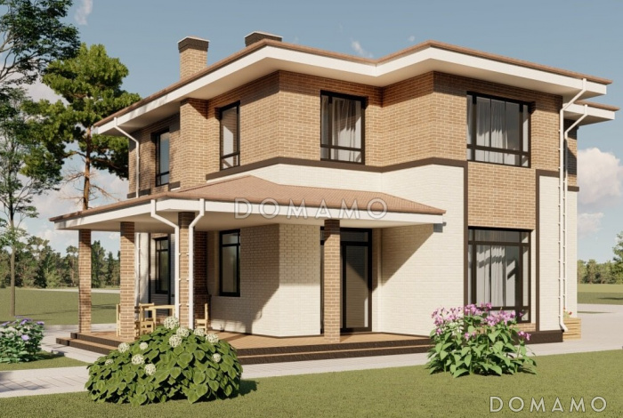 Проект двухэтажного дома из кирпича с двумя каминами на большой террасе и в гостиной