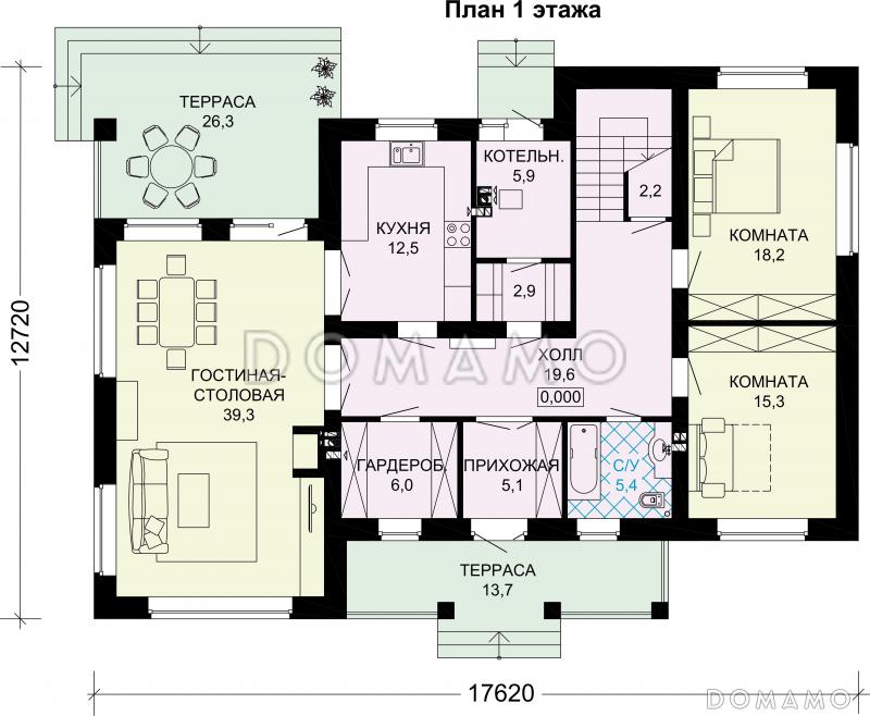 Двухэтажный загородный дом из кирпича / План 1 этажа