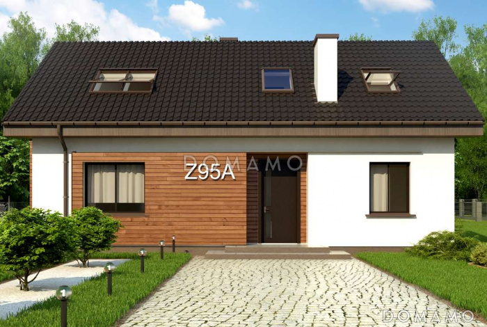 Проект классического мансардного дома из газобетона с дополнительной спальней на первом этаже, с эркером и с деревянными фасадами