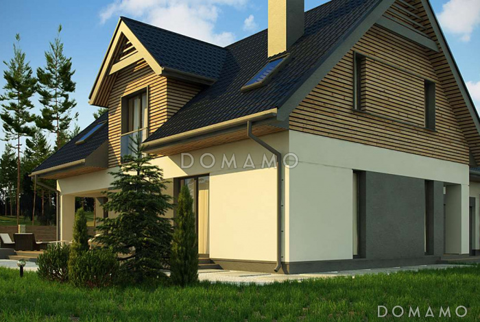 Проект комфортного одноэтажного мансардного дома из кирпича с гаражом для двух автомобилей