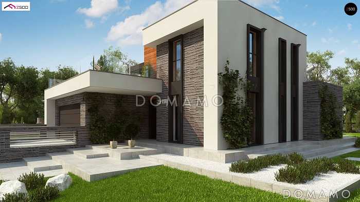 Проект современного двухэтажного дома из кирпича с плоской крышей, со вторым светом, террасами на двух уровнях и гаражом