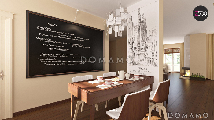 Проект одноэтажного мансардного дома из газобетона с кирпичной облицовкой с двумя балконами и барбекю на террасе 