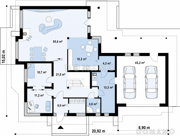 Проект просторного одноэтажного мансардного дома из кирпича с пятью комнатами, балконом и гаражом / План 1 этажа