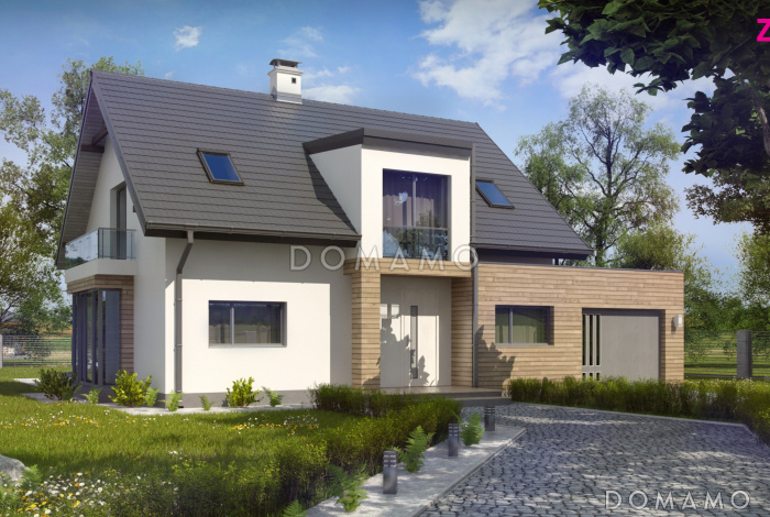 Проект одноэтажного мансардного дома из кирпича с остеклённым прямоугольным эркером, панорамными окнами на мансарде и гаражом