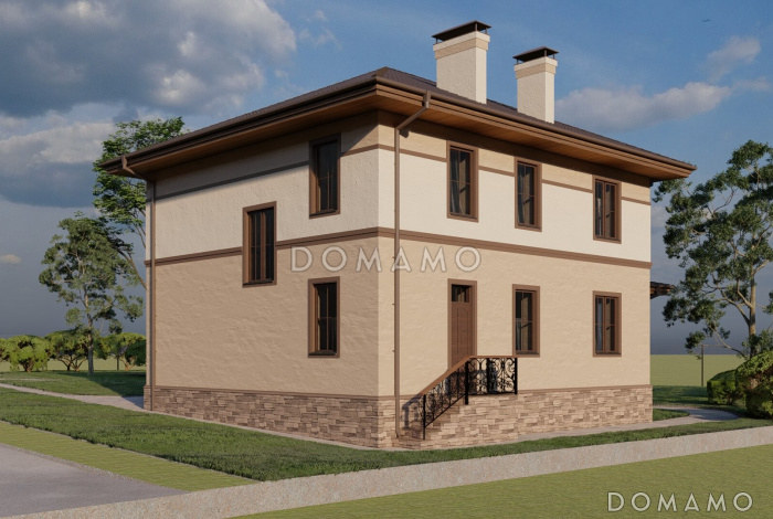 Проект двухэтажного дома с тремя спальнями на втором этаже и одной на первом этаже