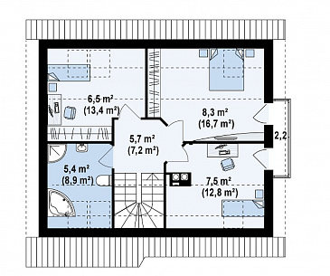 Проект небольшого одноэтажного мансардного дома из кирпича с дополнительной комнатой на первом этаже и эркером / План мансардного этажа