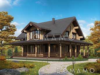 Проект двухэтажного дома из бруса с масштабной крытой террасой