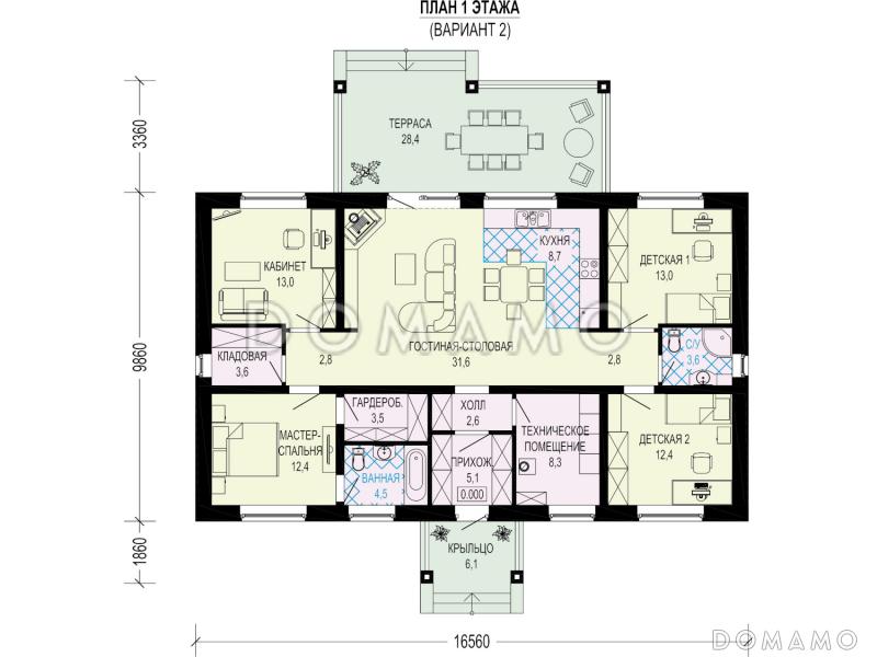 Проект одноэтажного дома из газобетона с мастер-спальней, кладовой и кабинетом / План 1 этажа