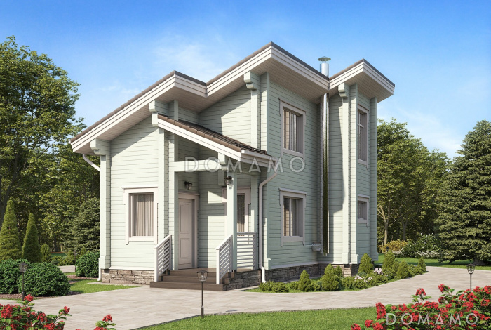 Проект узкого дома с косой крышей, кухней-гостиной, парной, спальней, балконом и вторым светом