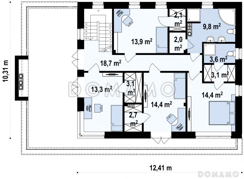 Проект современного двухэтажного дома из кирпича с плоской крышей,  с четырьмя спальнями, просторным кабинетом и гаражом / План 2 этажа