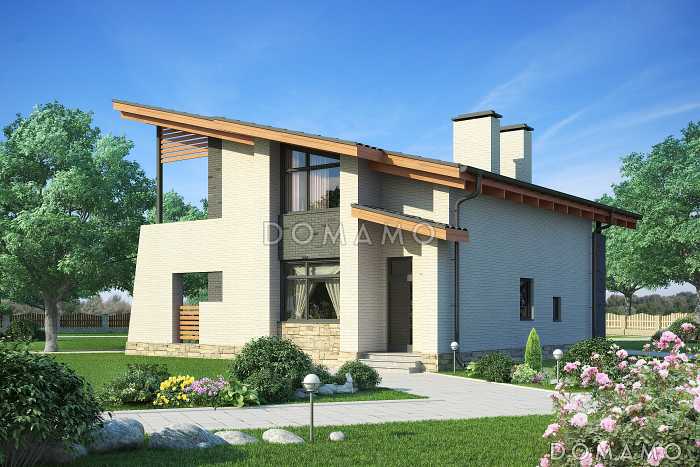 Проект загородного дома из SIP панелей с косой крышей, открытой террасой, двумя балконами, панорамными окнами