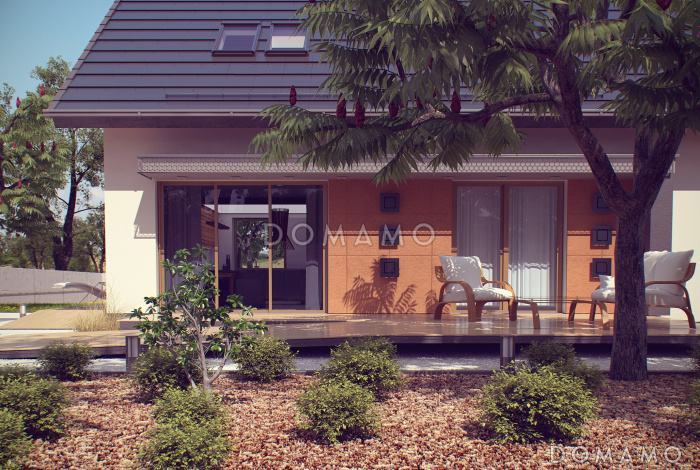 Проект одноэтажного мансардного дома из кирпича с кабинетом, гаражом и четырьмя спальнями