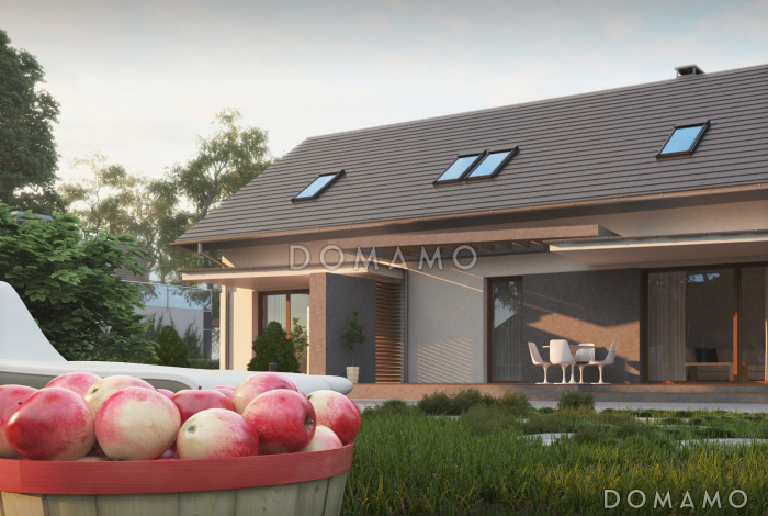 Проект одноэтажного мансардного дома из кирпича с отдельными входами для двух семей