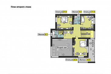 Проект дома с гаражом и навесом для автомобилей, просторной гостиной, спальней на первом этаже, террасой, вторым светом, длинным балконом / План мансардного этажа
