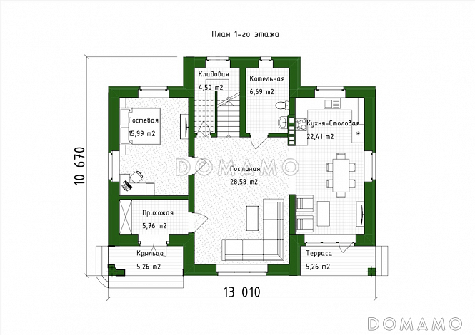 Проект двухэтажного дома с большой гостиной, 4 спальнями, террасой и балконом / План 1 этажа