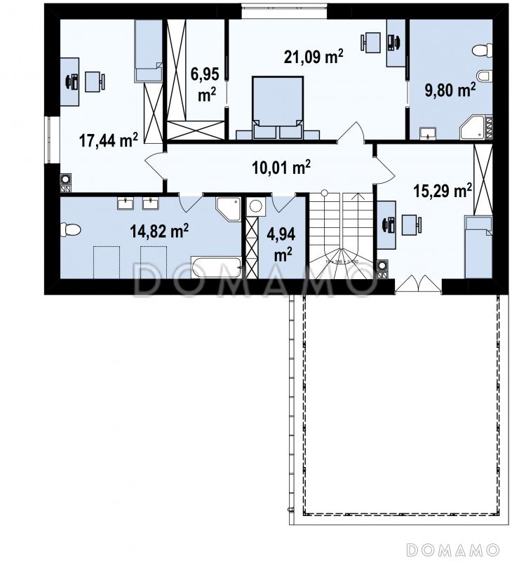 Проект комфортного одноэтажного мансардного дома из газобетона с гаражом и террасой над ним / План мансардного этажа