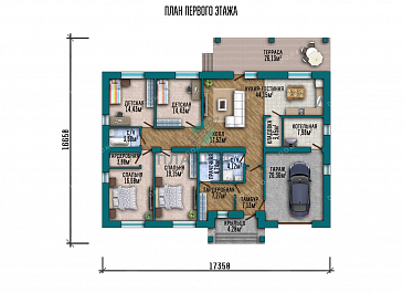 Проект одноэтажного дома с гаражом и большой террасой / План 1 этажа