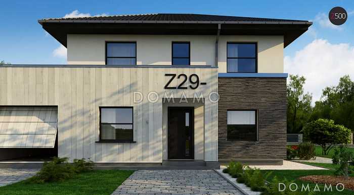 Проект обновлённого двухэтажного дома из кирпича с гаражом и большой террасой на втором этаже