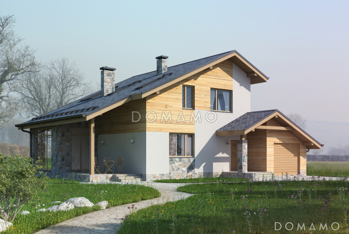 Проект дома из газобетона с небольшой крытой террасой