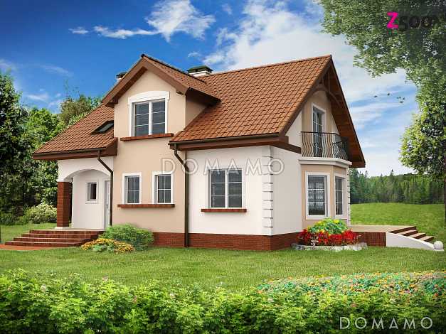 Проект одноэтажного мансардного дома из газобетона с кабинетом, эркером и балконом над ним