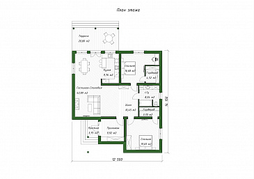 Проект одноэтажного дома из газобетона с крытой террасой в европейском стиле / План 1 этажа