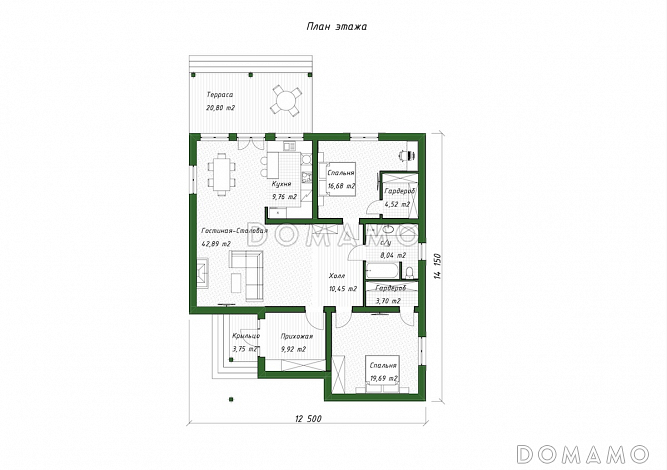 Проект одноэтажного дома из газобетона с крытой террасой в европейском стиле / План 1 этажа