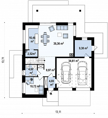 Проект современного двухэтажного дома из кирпича с плоской крышей с четырьмя спальнями, кабинетом и двухместным гаражом / План 1 этажа