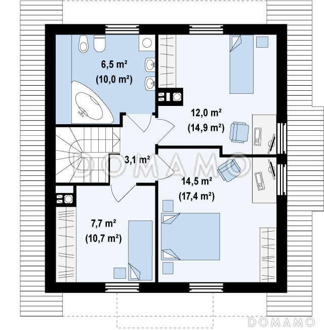 Проект одноэтажного мансардного дома из кирпича с тремя спальнями и кабинетом / План мансардного этажа