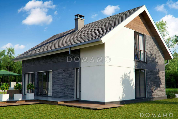 Проект одноэтажного мансардного дома из кирпича с четырьмя спальнями и панорамным остеклением гостиной