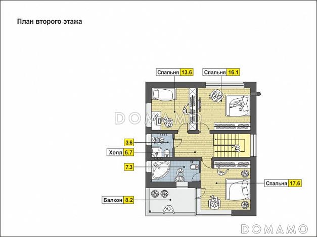 Проект дома по технологии ЛСТК с навесом на две машины, крытой террасой, спальней на первом этаже, балконом / План мансардного этажа