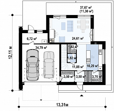 Проект двухэтажного дома с гаражом, гостиной с камином, кладовой, балконами, мастер-спальней / План 1 этажа
