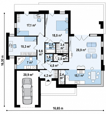 Проект современного одноэтажного дома из кирпича с плоской крышей с тремя спальнями, частично крытой террасой и одноместным гаражом / План 1 этажа