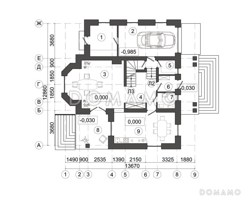 Проект современного дома усадебного типа с подвалом / План 1 этажа