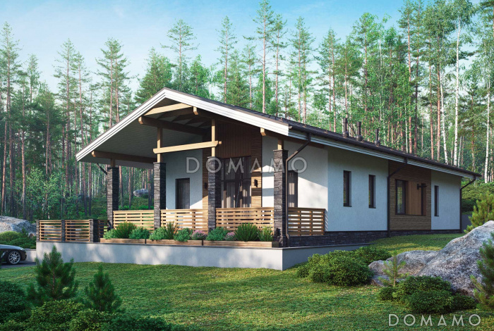 Проект одноэтажного дома с тремя спальнями, двумя крытыми террасами и чердаком