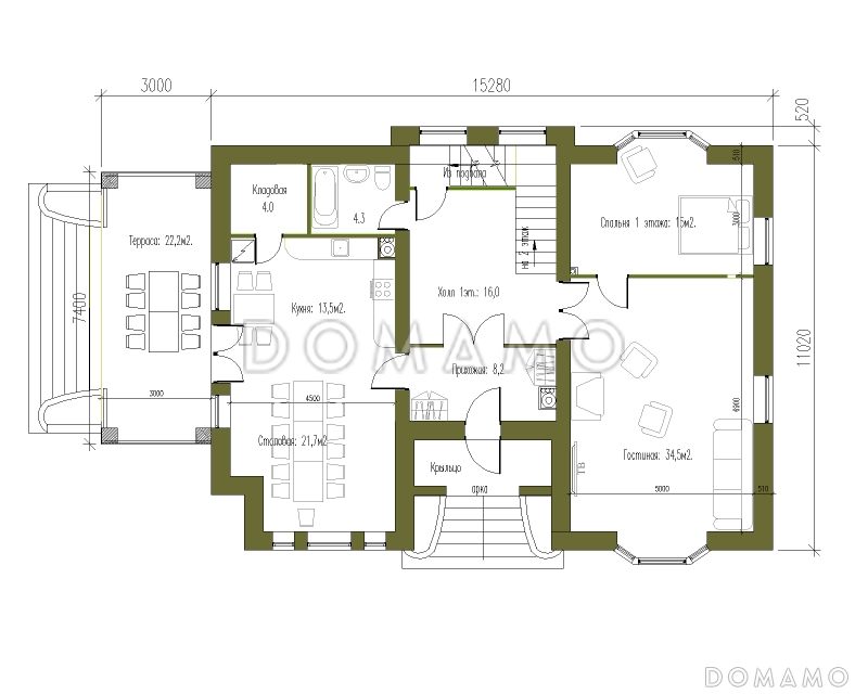 Проект особняка в стиле Тюдор из СИП панелей / План 1 этажа