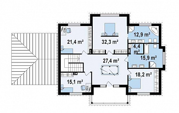 Проект большого двухэтажного дома из газобетона с четырьмя спальнями, гаражом, сауной и просторной дневной зоной / План 2 этажа