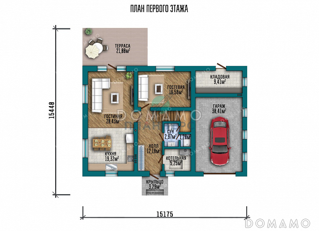 Проект двухэтажного дома с большой террасой, гаражом и подвалом / План 1 этажа