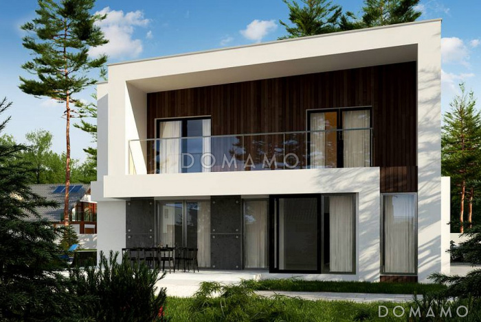 Проект просторного современного двухэтажного дома из газобетона, с пятью комнатами, большим гаражом и двумя лоджиями