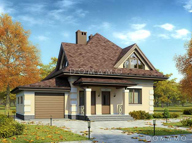 Проект одноэтажного дома из газобетона с мансардой, эркером, гаражом и шатровой ломанной крышей