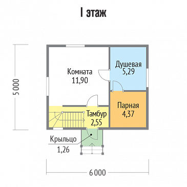 Проект каркасной бани 6х5 с мансардой / План 1 этажа