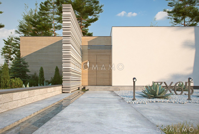 Проект одноэтажного дома с плоской крышей, большой террасой